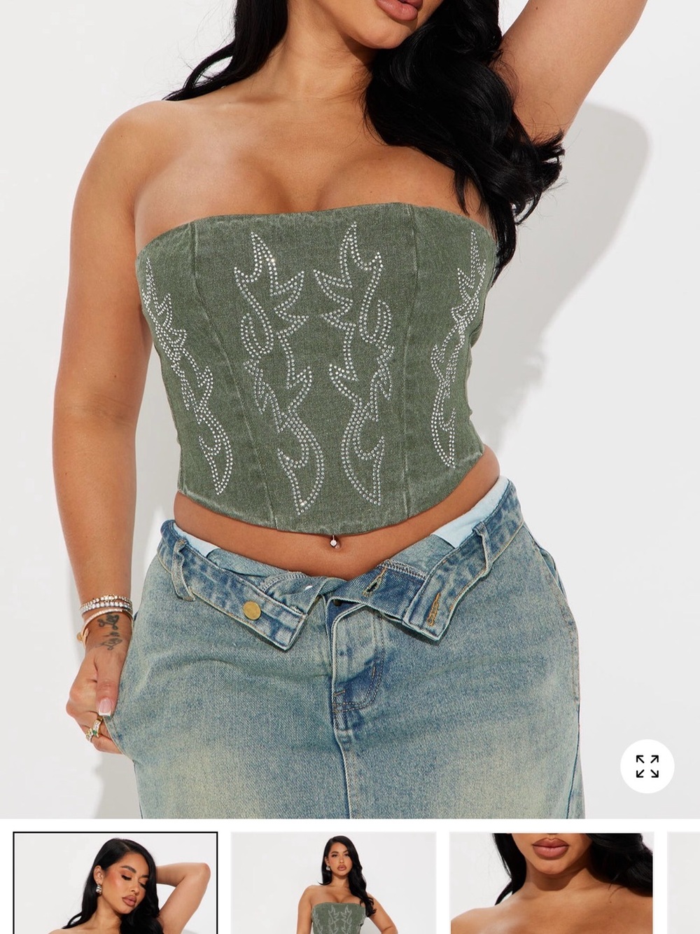 Fashion Nova Olive Green Strapless Studded Corset Top